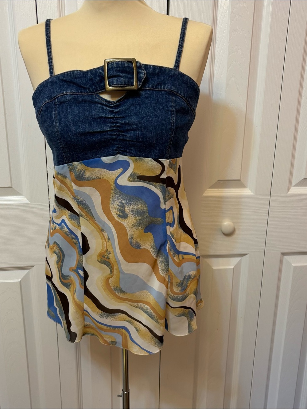 Vintage Denim Bustier Spaghetti Strap Top with Blue & Tan Wave Print